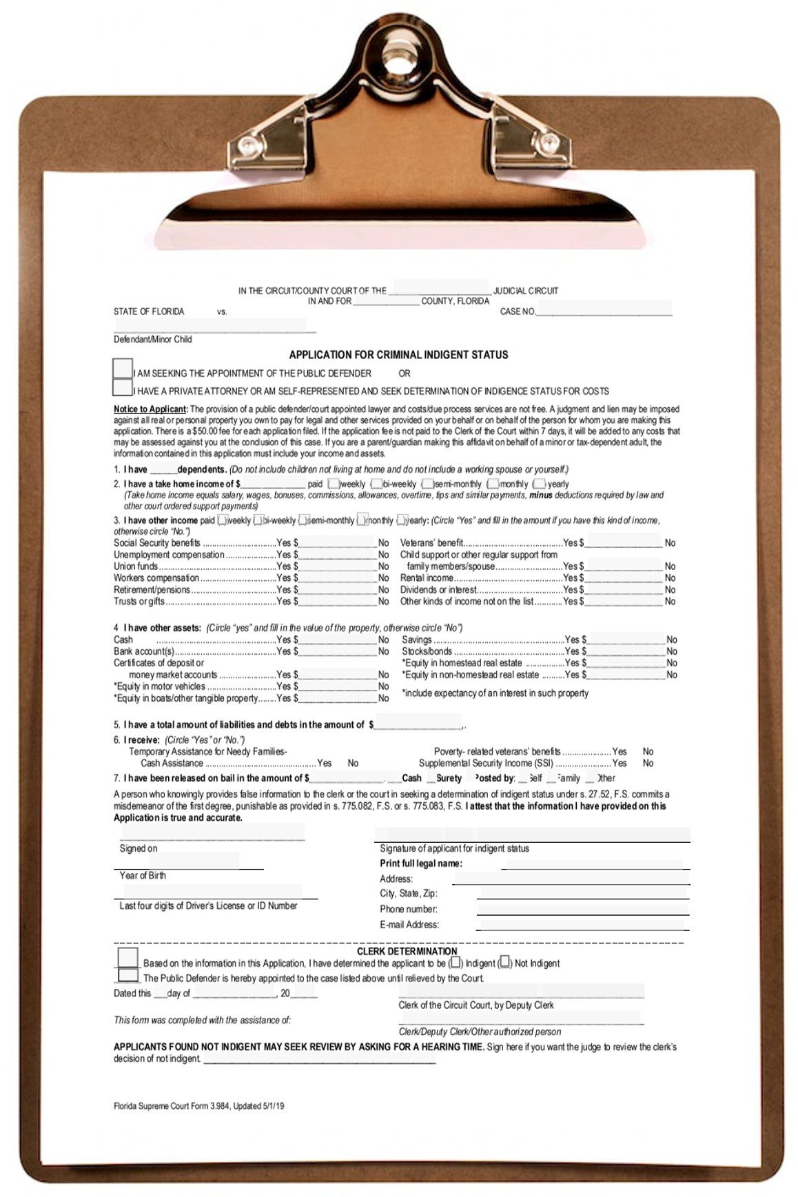 Document secured on a clipboard